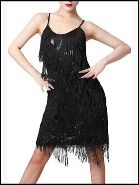 Sequin Fringe Flapper Dress Sleeveless Latin Dance Costume Adjustable Straps